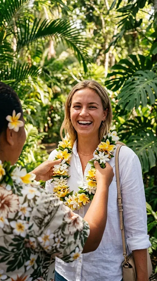 A smiling traveller receives a frangipani lei from a host in a tropical garden.