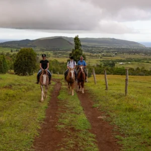 Three riders coming down a dirt track, with a view over Hanga Roa, the volcanic cones and the ocean.