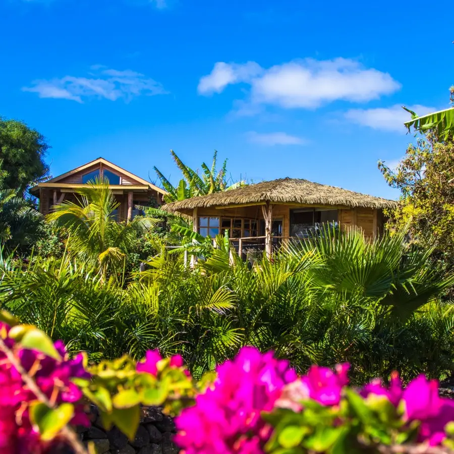 Hoe Vaka bungalow with private terrace and lush tropical garden on Rapa Nui.
