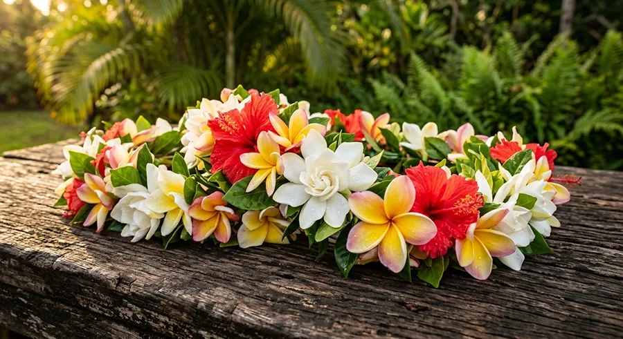 Polynesian flower lei of frangipani, gardenias and red hibiscus on a wooden bench, Rapa Nui.
