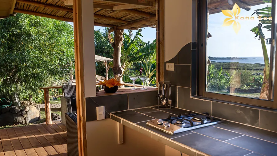 Kitchen worktop in a bungalow at Kona Koa Eco Lodge, with sink and kettle.