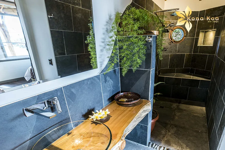 Bathroom at Kona Koa Eco Lodge with glass basin and slate shower.