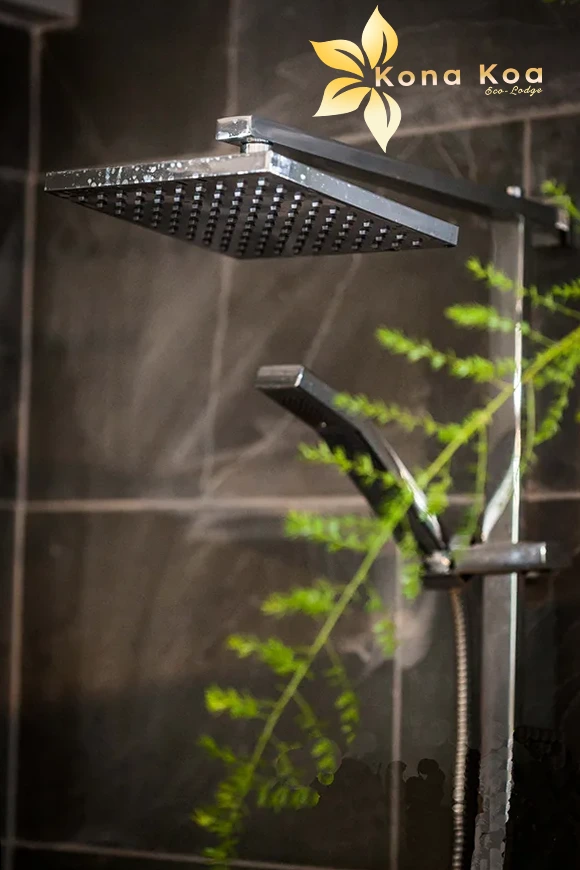 Close-up of a square modern shower head in a bungalow bathroom at Kona Koa Eco Lodge.