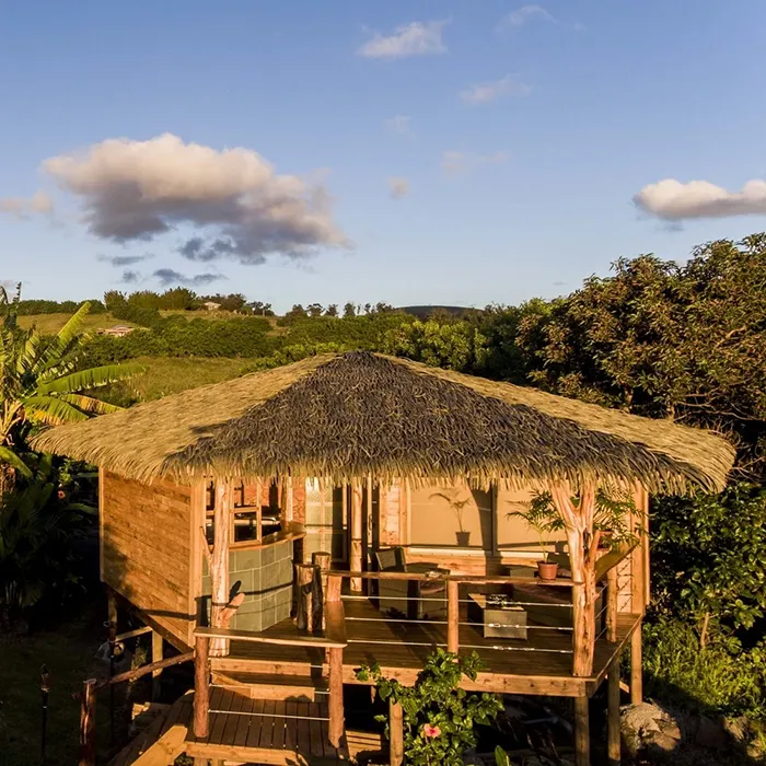 Wooden bungalow with thatched roof and purple flowers, Kona Koa Eco Lodge.