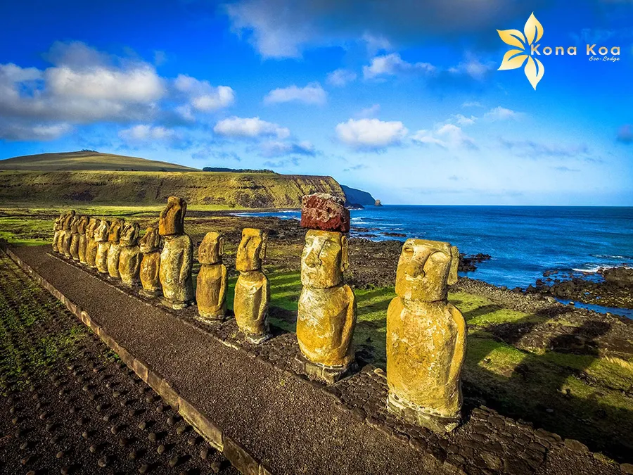Ahu Tongariki (15 Moai) vue drone Île de Pâques - Dormir près des Moai avec Kona Koa Eco Lodge