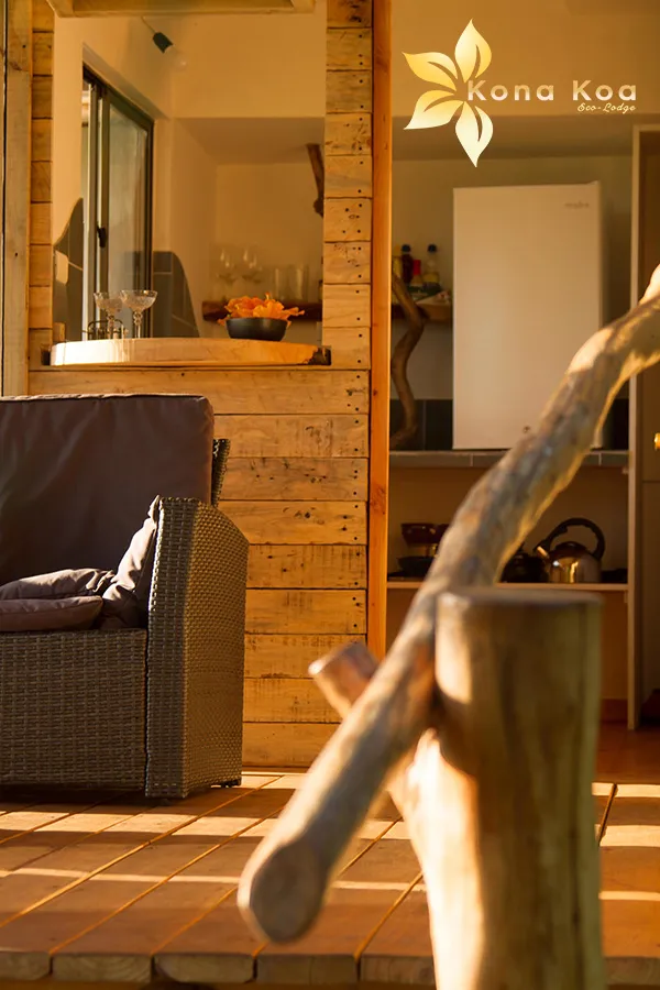 View of the kitchen area in a self-contained bungalow, Kona Koa Eco Lodge.