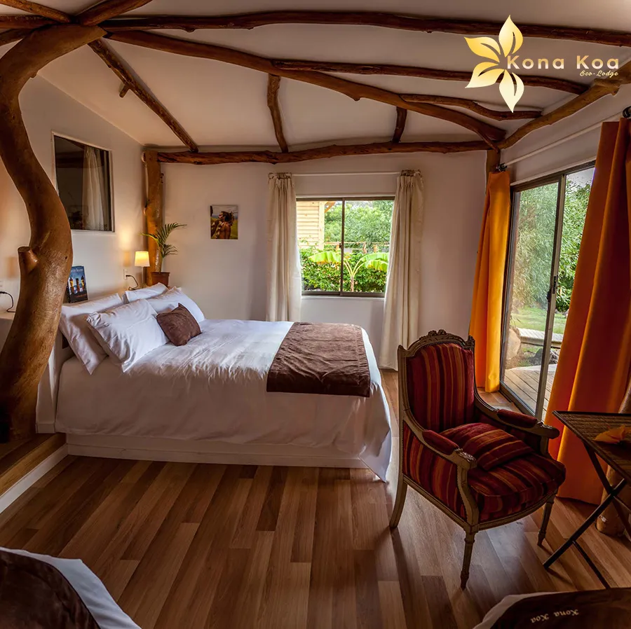 Interior of a bungalow at Kona Koa Eco Lodge, Easter Island.